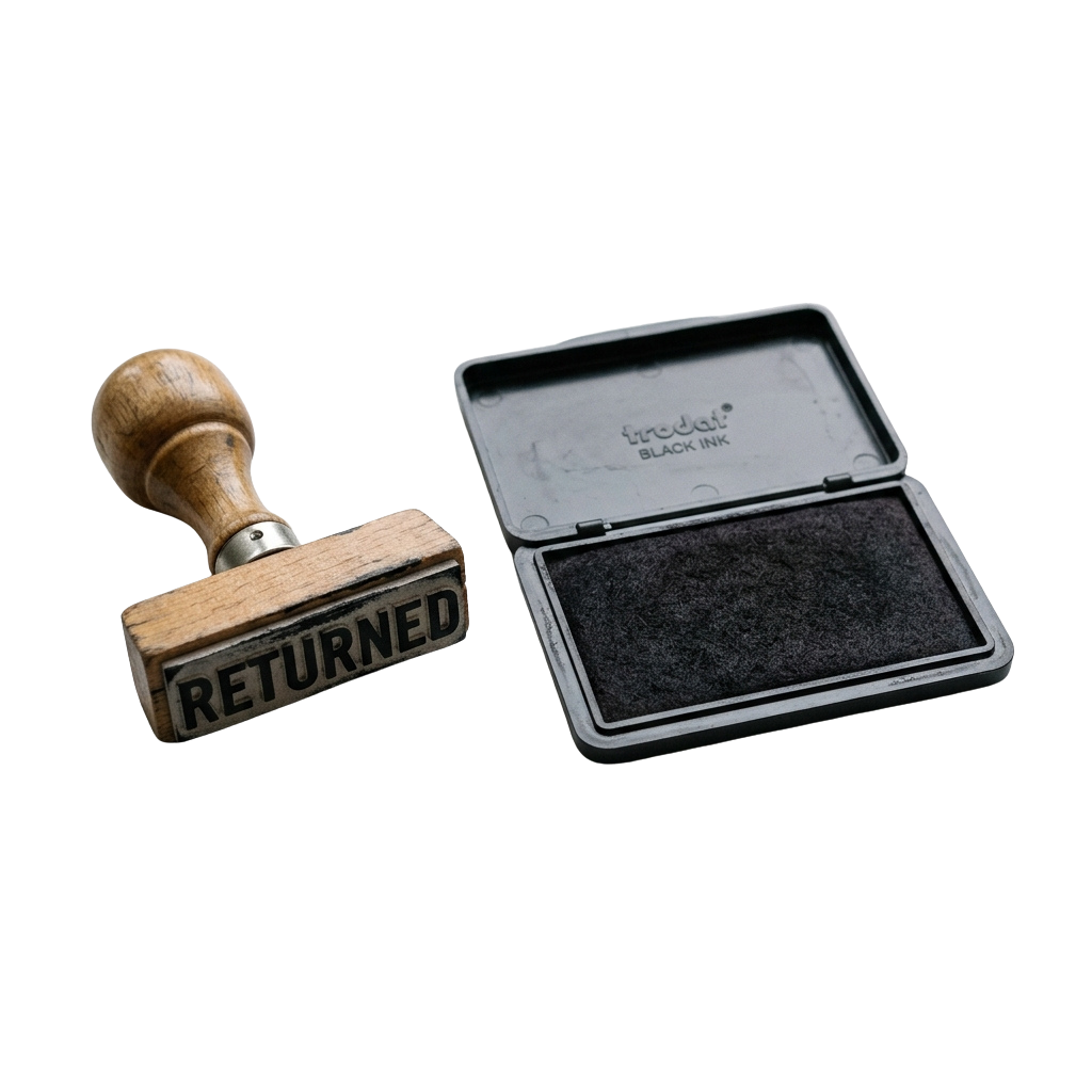 A wooden-handled RETURNED stamp next to an open black ink pad.
