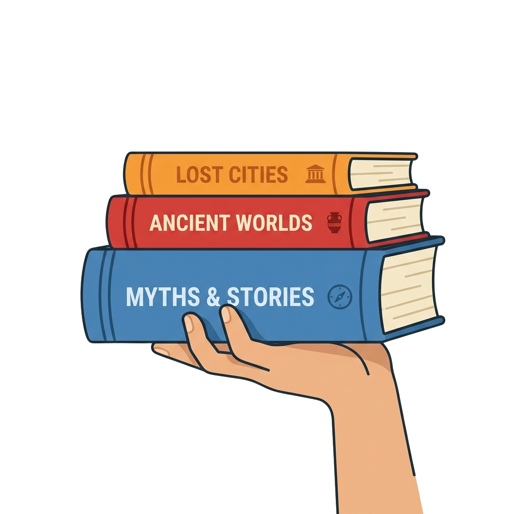 A hand holding a stack of three colorful books labeled Lost Cities, Ancient Worlds, and Myths & Stories