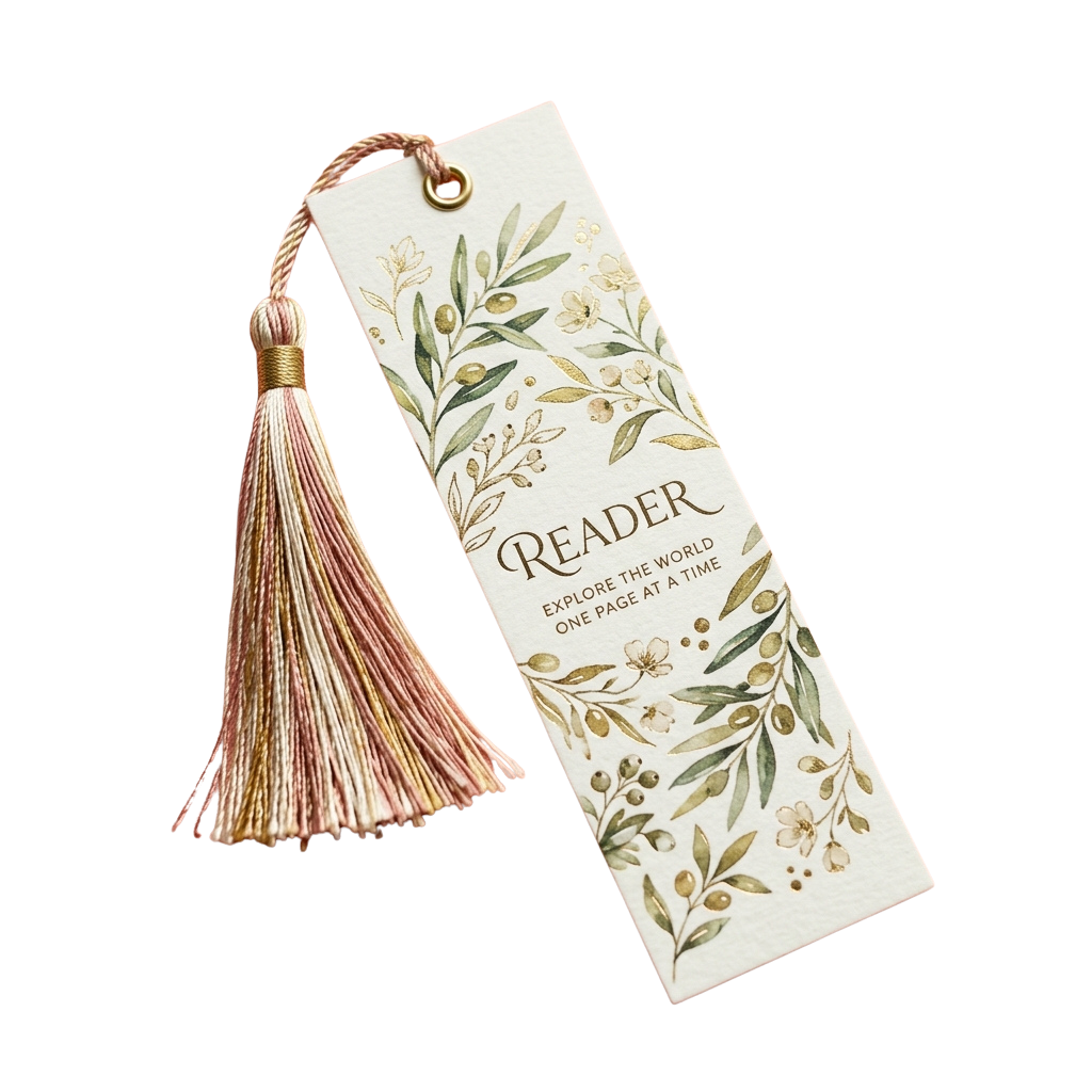 A decorative bookmark with floral design, tassel, and text reading Reader Explore the world one page at a time
