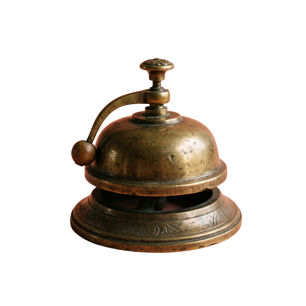 A vintage brass bell with a decorative base and a handle on top, used traditionally in hotels or offices.