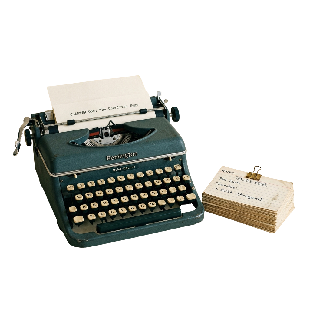 A vintage typewriter with a blank page labeled Chapter One and a stack of notes beside it.
