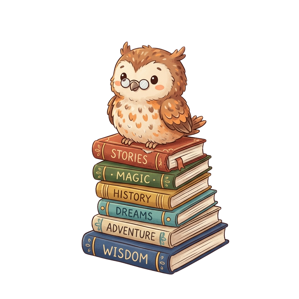 An owl wearing glasses sitting on a stack of books labeled Stories, Magic, History, Dreams, Adventure, and Wisdom