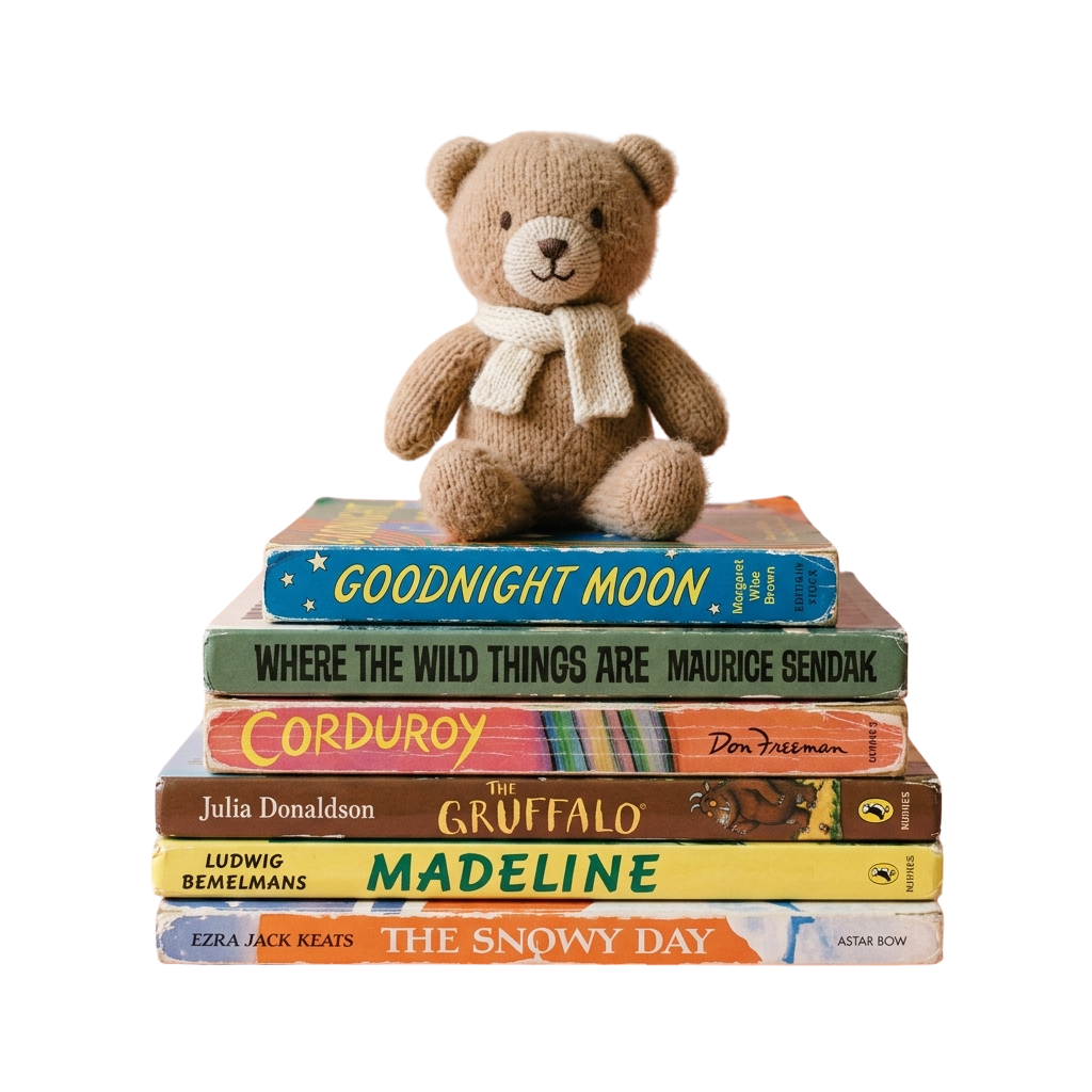 A teddy bear sitting on a stack of six colorful children's books including titles like Goodnight Moon and Where the Wild Things Are.