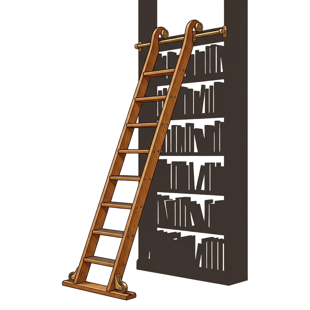 A wooden ladder with brass handles leading up to a dark wardrobe with multiple shelves