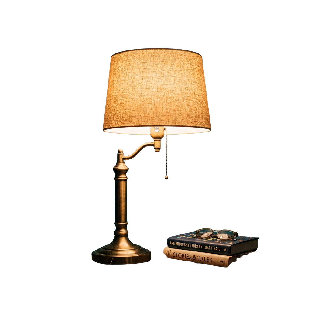 A brass-colored table lamp with a beige fabric shade and a pull-chain switch next to a stack of books and a pair of glasses