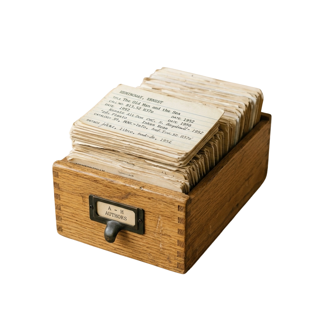 Vintage wooden card catalog drawer labeled A-H Authors filled with index cards