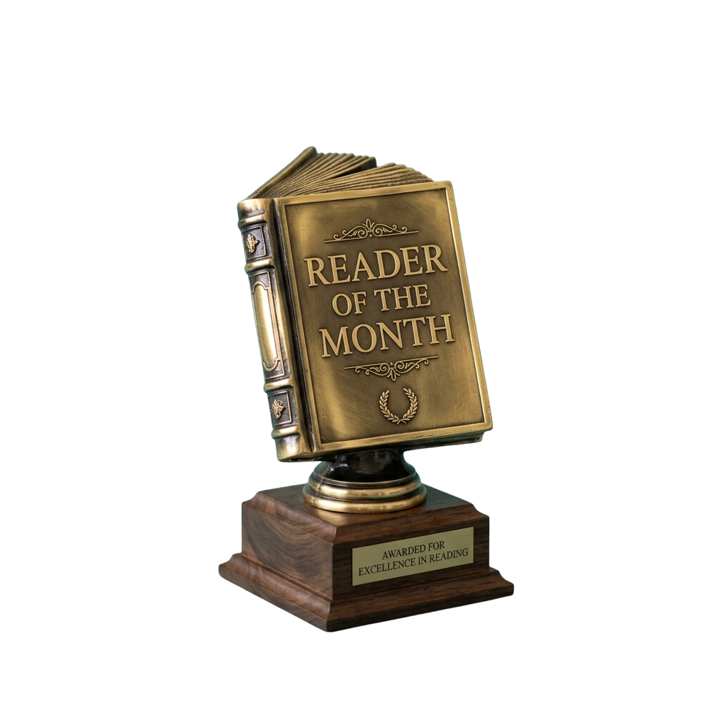Golden book-shaped trophy labeled Reader of the Month on wooden base