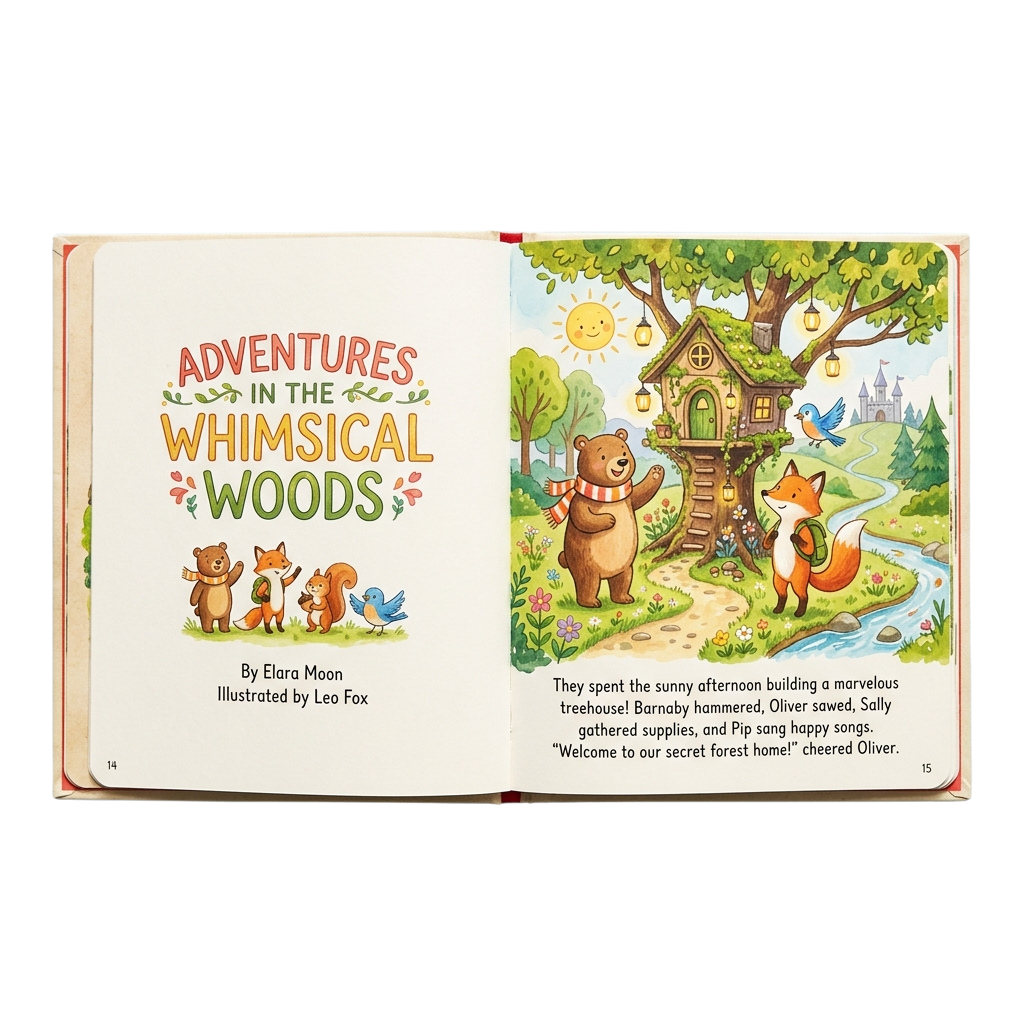 Illustrated book page showing animals building a treehouse in a whimsical forest setting
