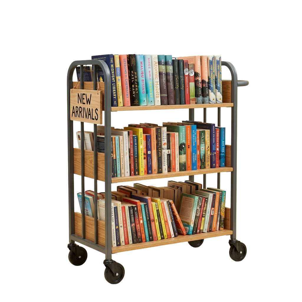 Mobile wooden bookshelf cart labeled New Arrivals with three shelves of colorful books on wheels