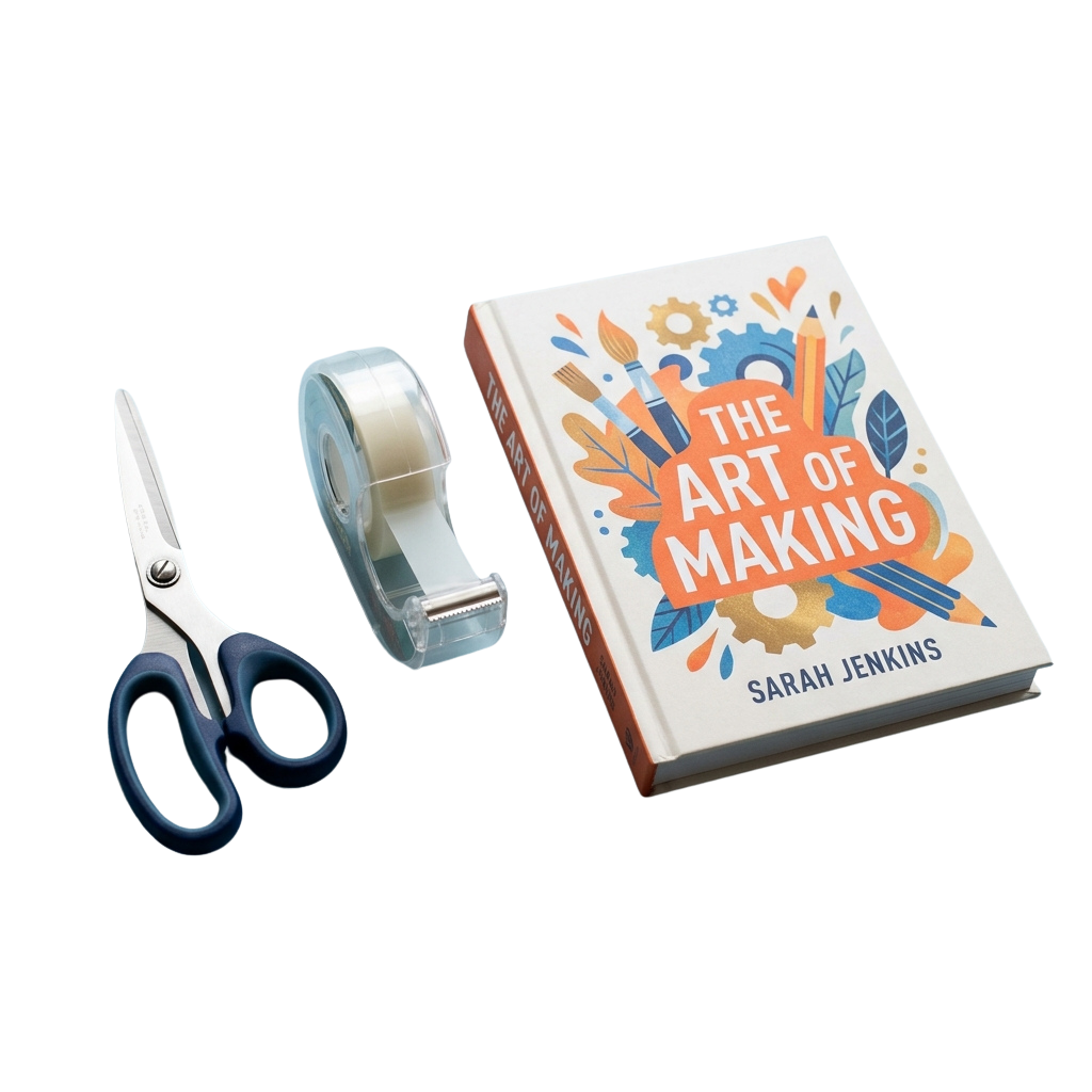 Book titled The Art of Making with a pair of scissors and tape dispenser beside it