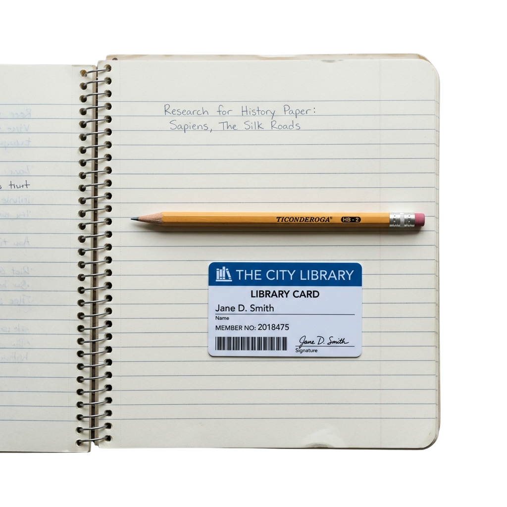 Open notebook showing research notes for a history paper, a pencil, and a library card