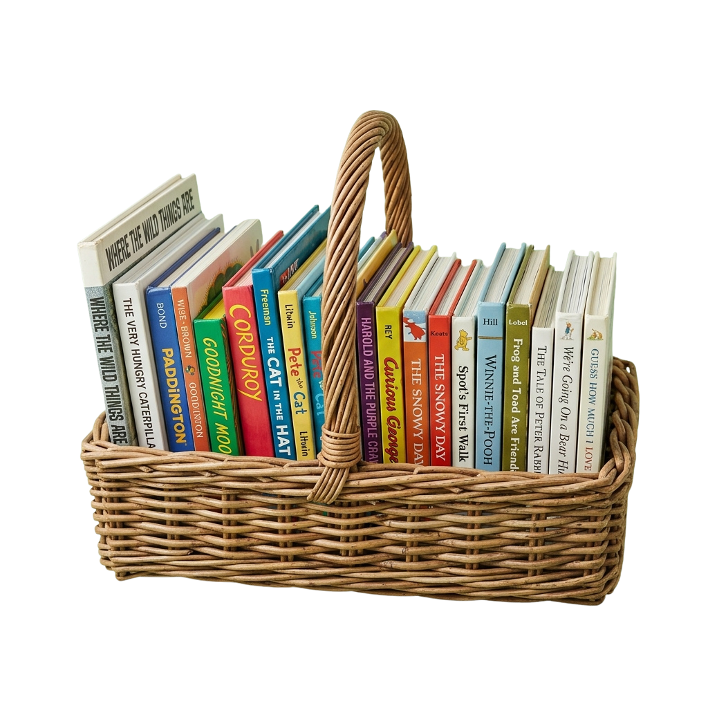 A wicker basket holding a variety of colorful children's books arranged neatly.