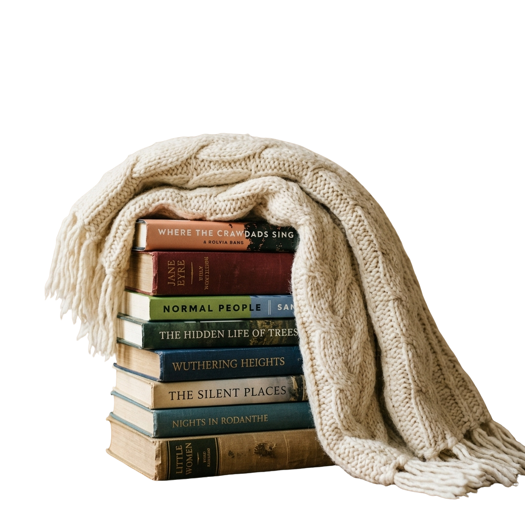 Stack of six books wrapped in a knitted blanket against a black background
