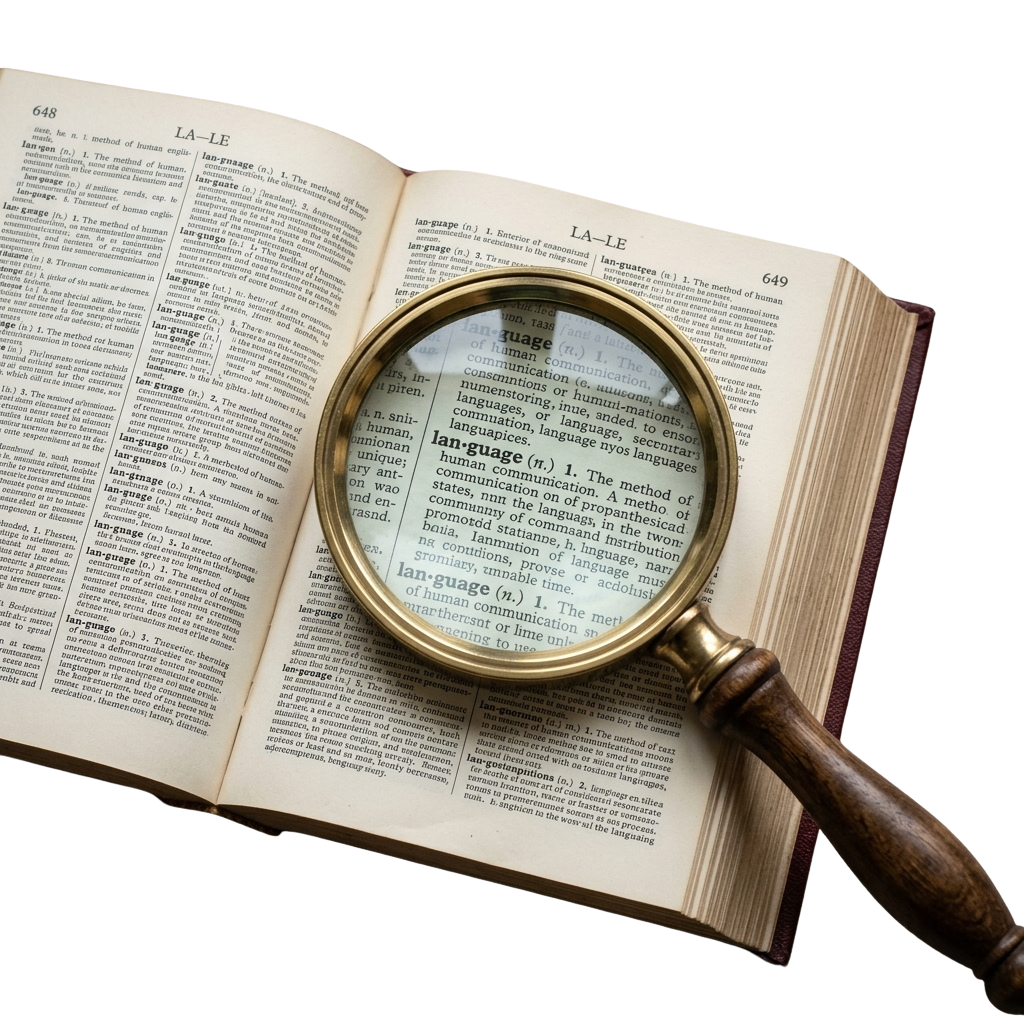Magnifying glass focusing on the word language in an open dictionary