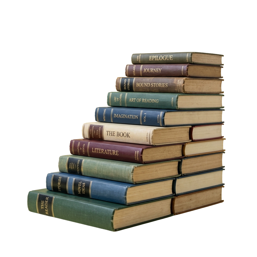 A pyramid of vintage books labeled with themes like reader, stories, literature, and imagination.