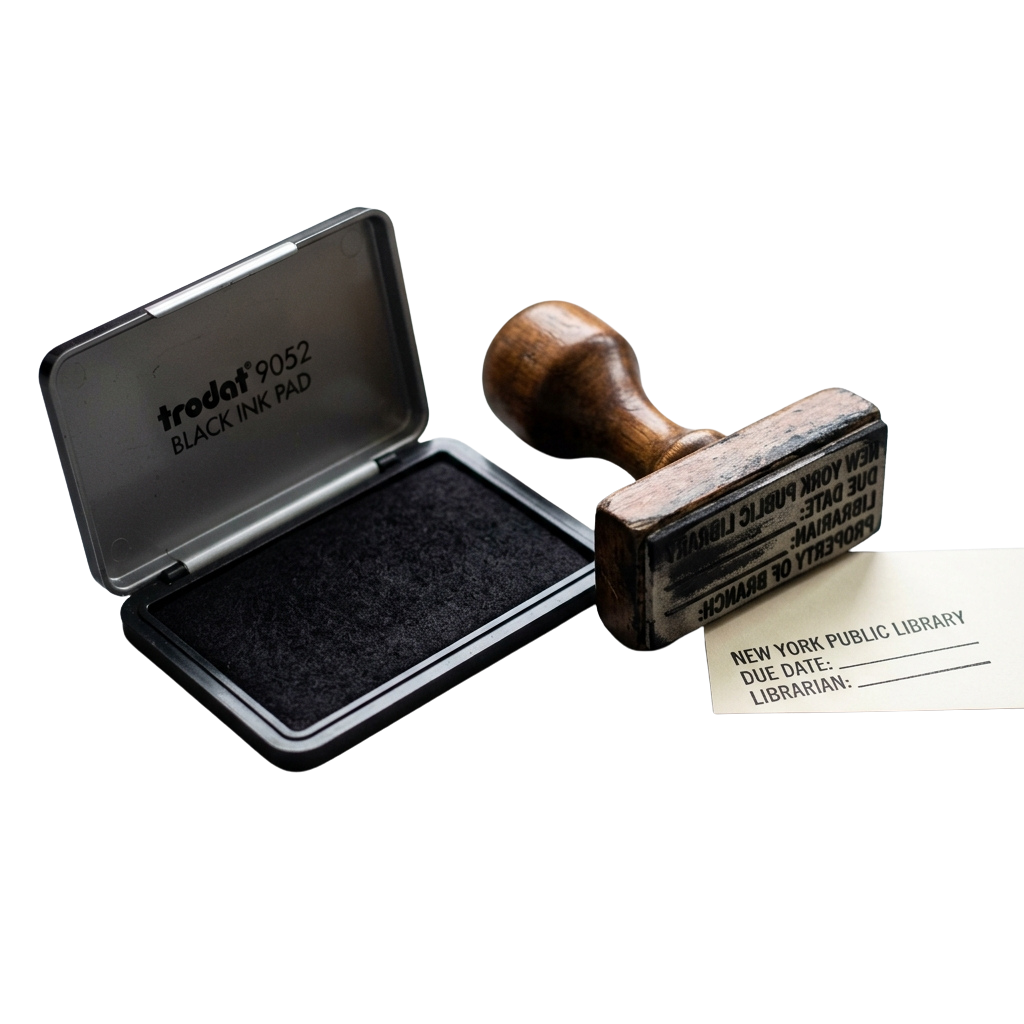 Black ink pad with wooden-handled stamp and library due date slip