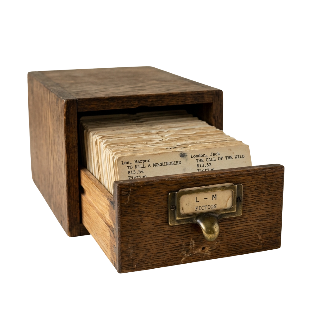 Wooden drawer labeled L-M Fiction with visible book cards for titles like To Kill a Mockingbird and The Call of the Wild