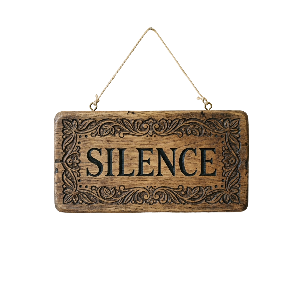 A wooden sign with ornate carvings displaying the word Silence hanging from a rope.