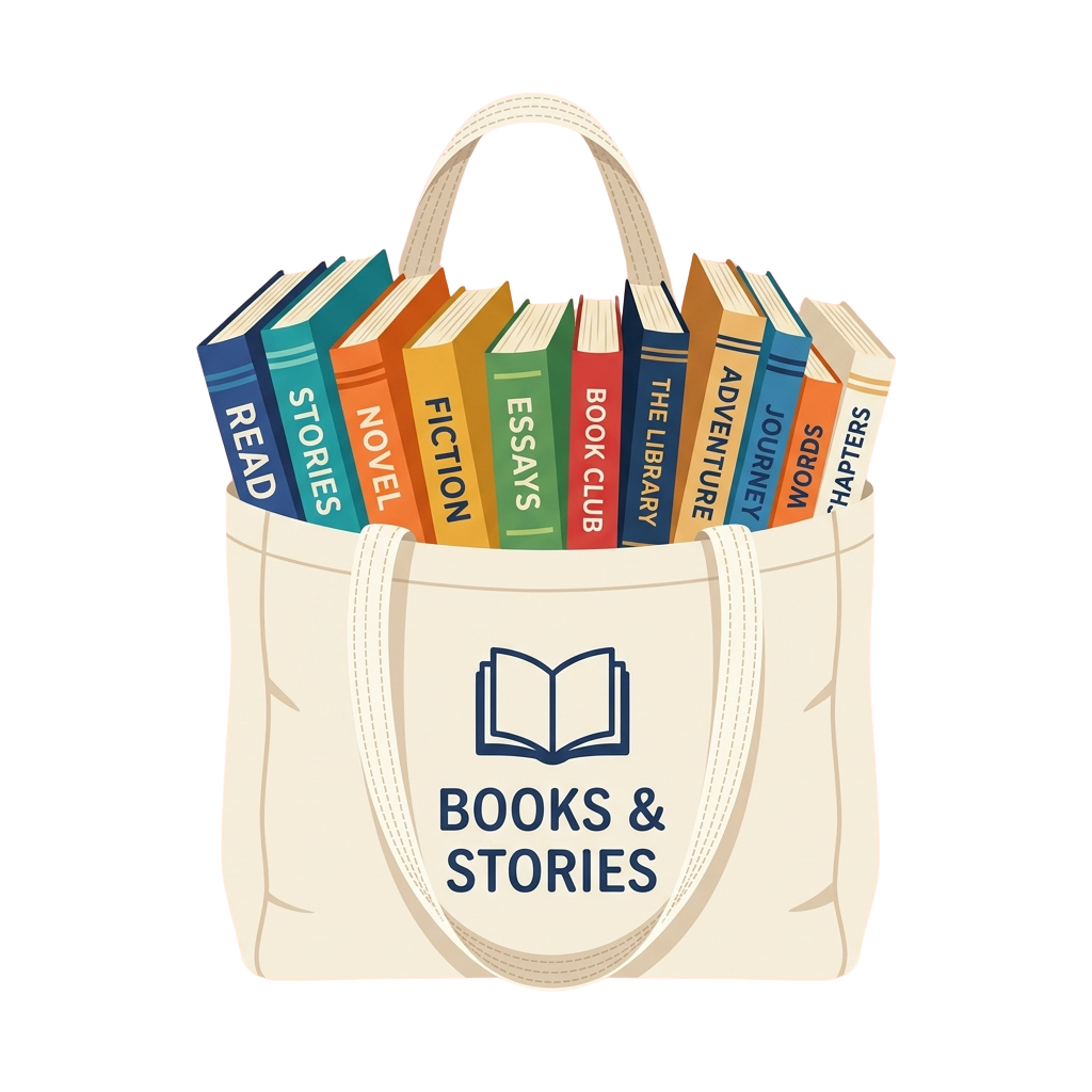 Canvas tote bag filled with colorful books labeled with reading categories like stories, fiction, essays, and more