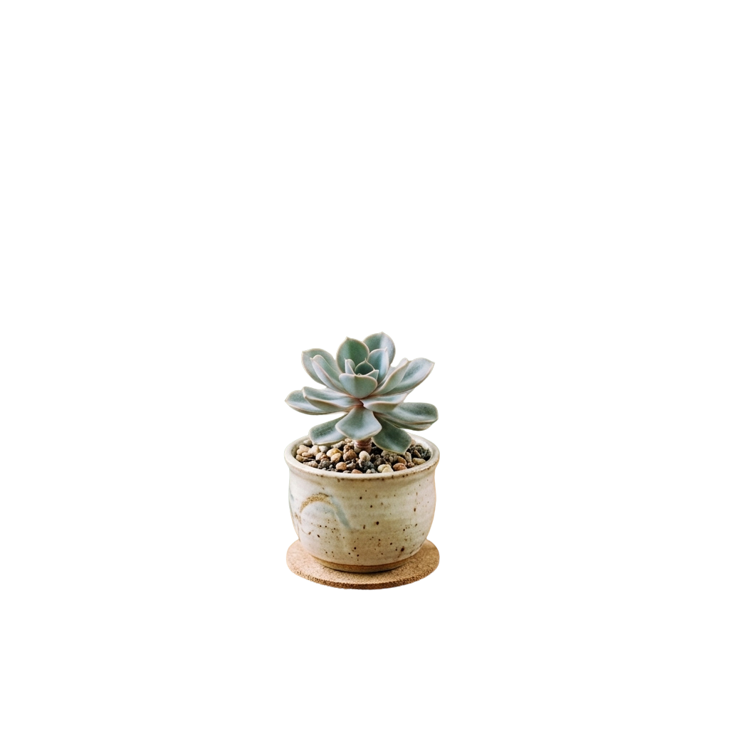A small succulent plant with blue-green leaves in a light-colored ceramic pot on a dark background