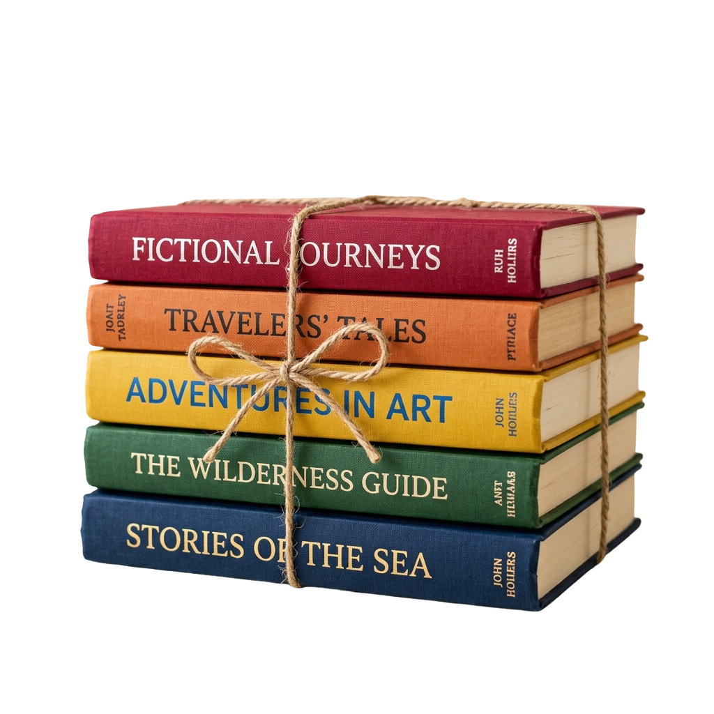 Five colorful books stacked and tied with twine, labeled with adventure and travel themes.
