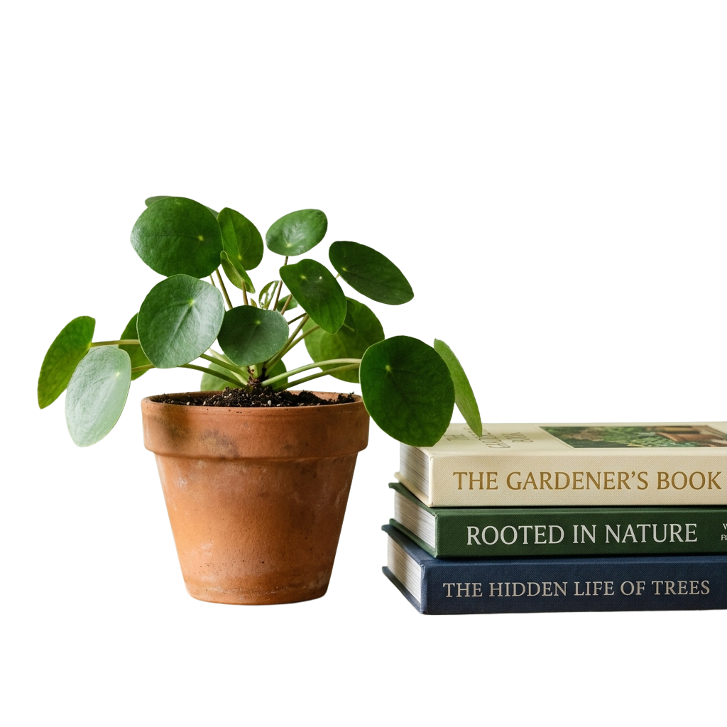 A potted green plant beside three stacked gardening books on a dark background