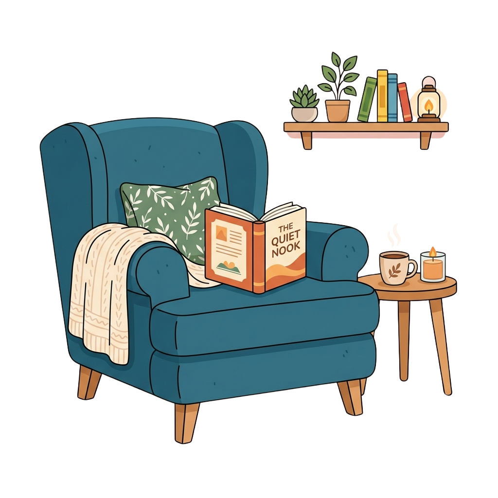 Illustration of a blue armchair with a book titled The Quiet Nook, a cup of coffee, and a small side table with a candle and plant on a shelf in the background