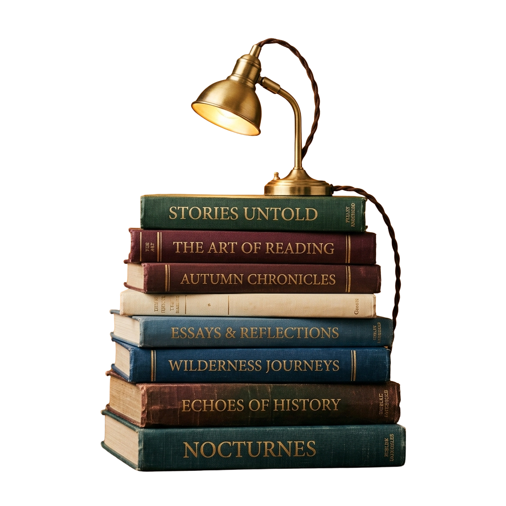 A stack of vintage-style books with a golden desk lamp on top, emitting light.
