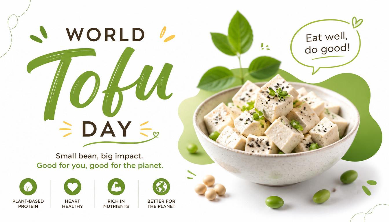 A bowl of tofu cubes with herbs and seeds, surrounded by soybeans and leaves