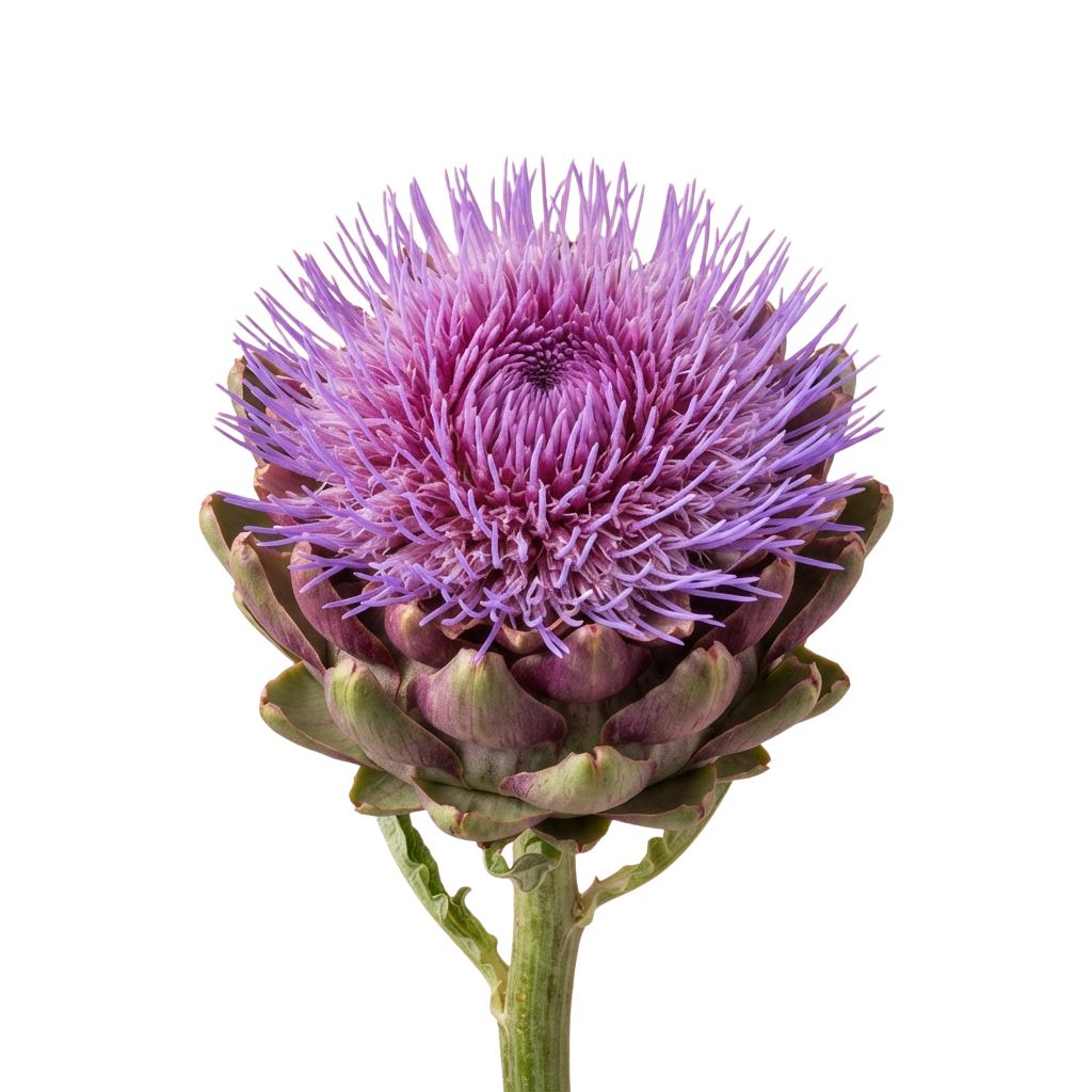 Close-up image of a purple artichoke flower with spiky petals and green base