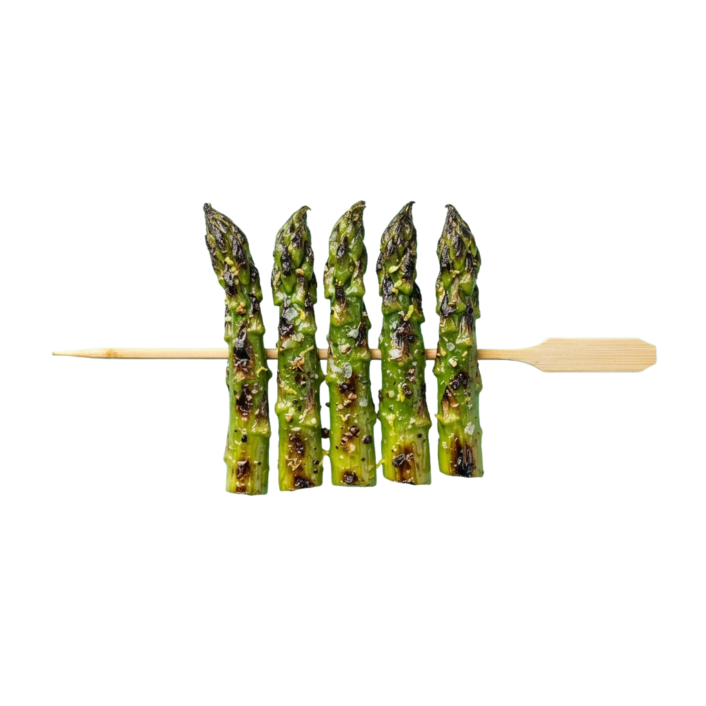 Five grilled asparagus spears skewered on a wooden toothpick against a black background