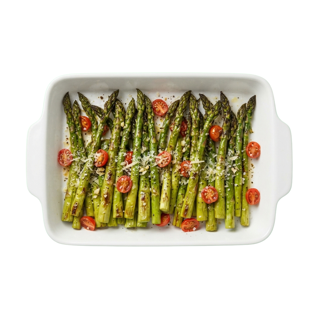 Roasted asparagus spears topped with cherry tomatoes and grated cheese in a baking dish