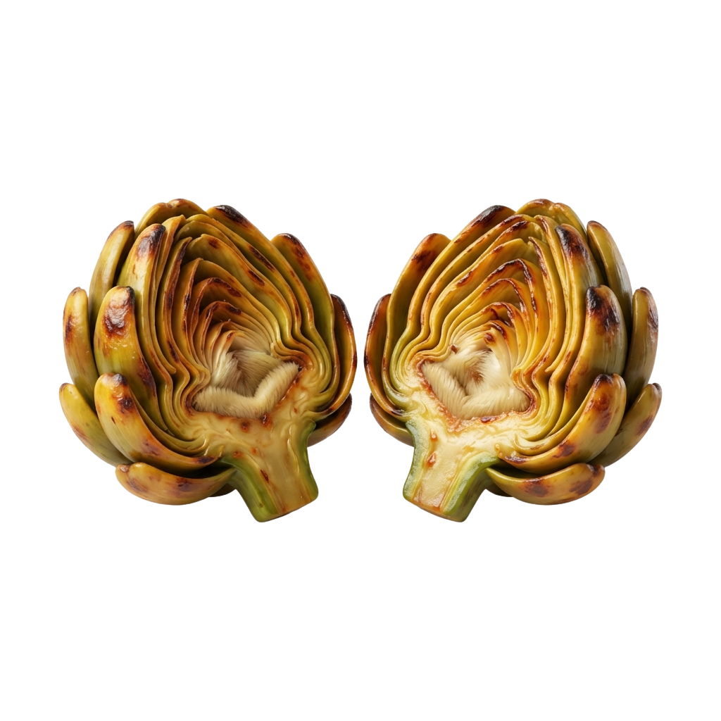 Two halves of roasted artichoke with caramelized edges and tender inner leaves
