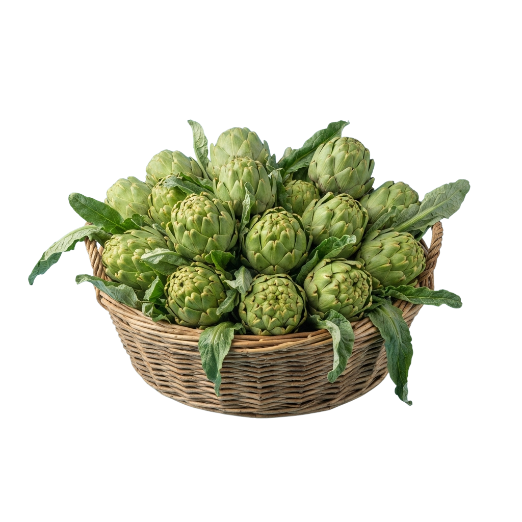 A wicker basket filled with green artichokes and fresh leaves against a black background