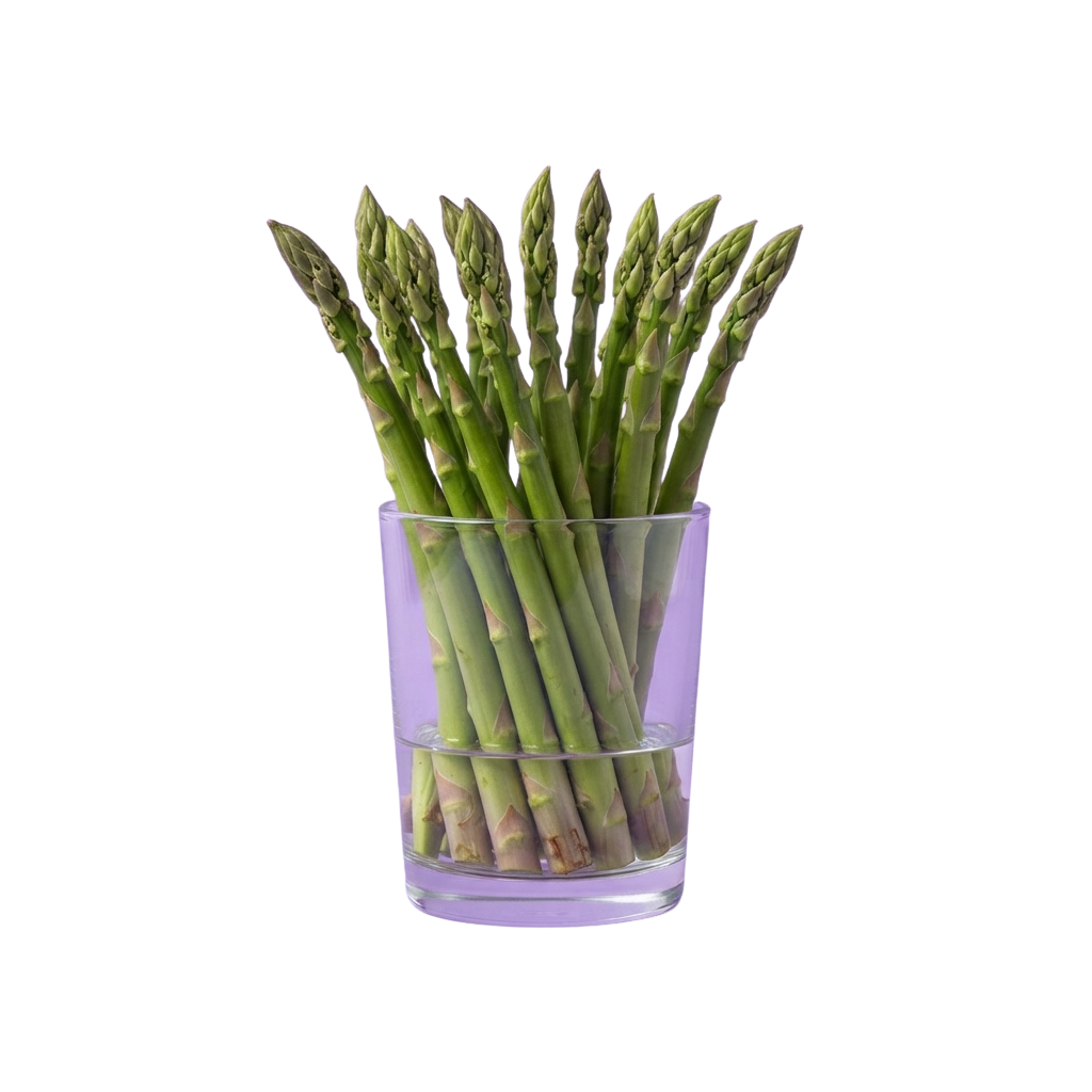 A clear glass container holding a bunch of fresh green asparagus spears.