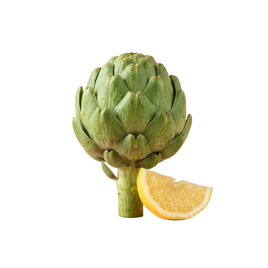 A whole green artichoke with a slice of orange lemon next to it on a black background