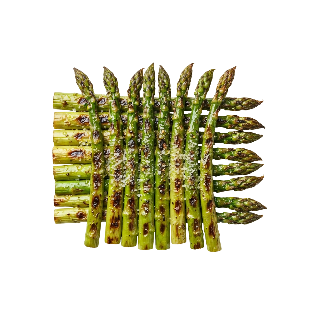 A bundle of roasted asparagus spears with slightly charred tips on a dark background
