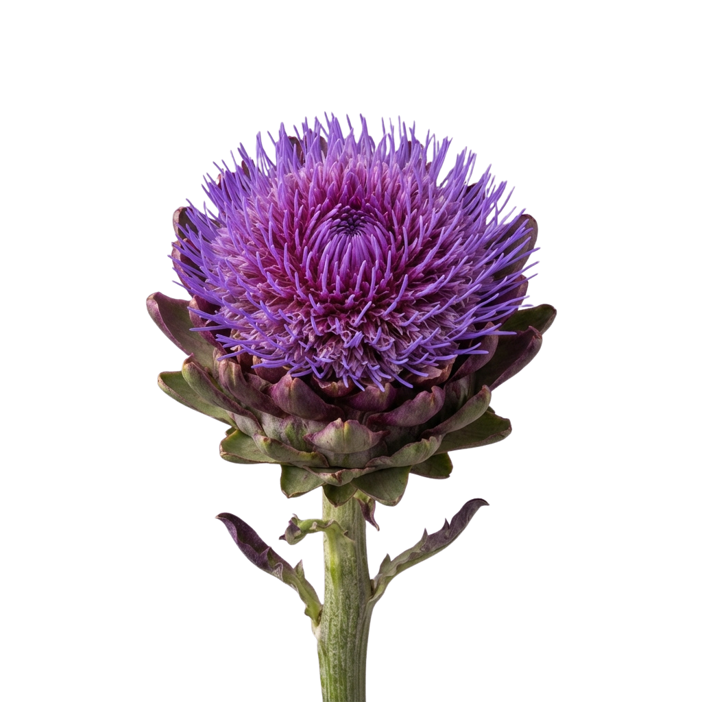 Close-up of a vibrant purple artichoke flower with spiky petals and green leafy base