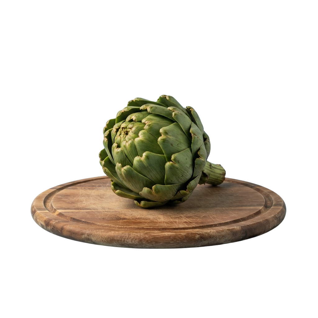 A single green artichoke placed on a wooden cutting board