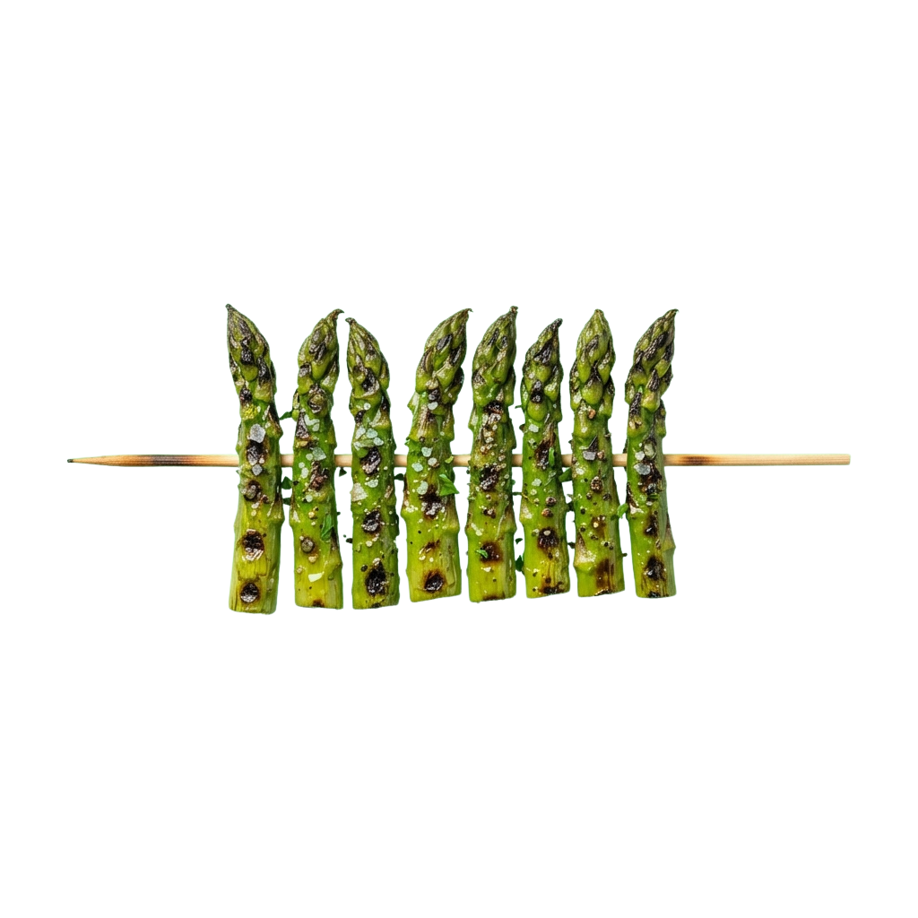 Seven fresh green asparagus spears skewered horizontally on two wooden sticks against a black background