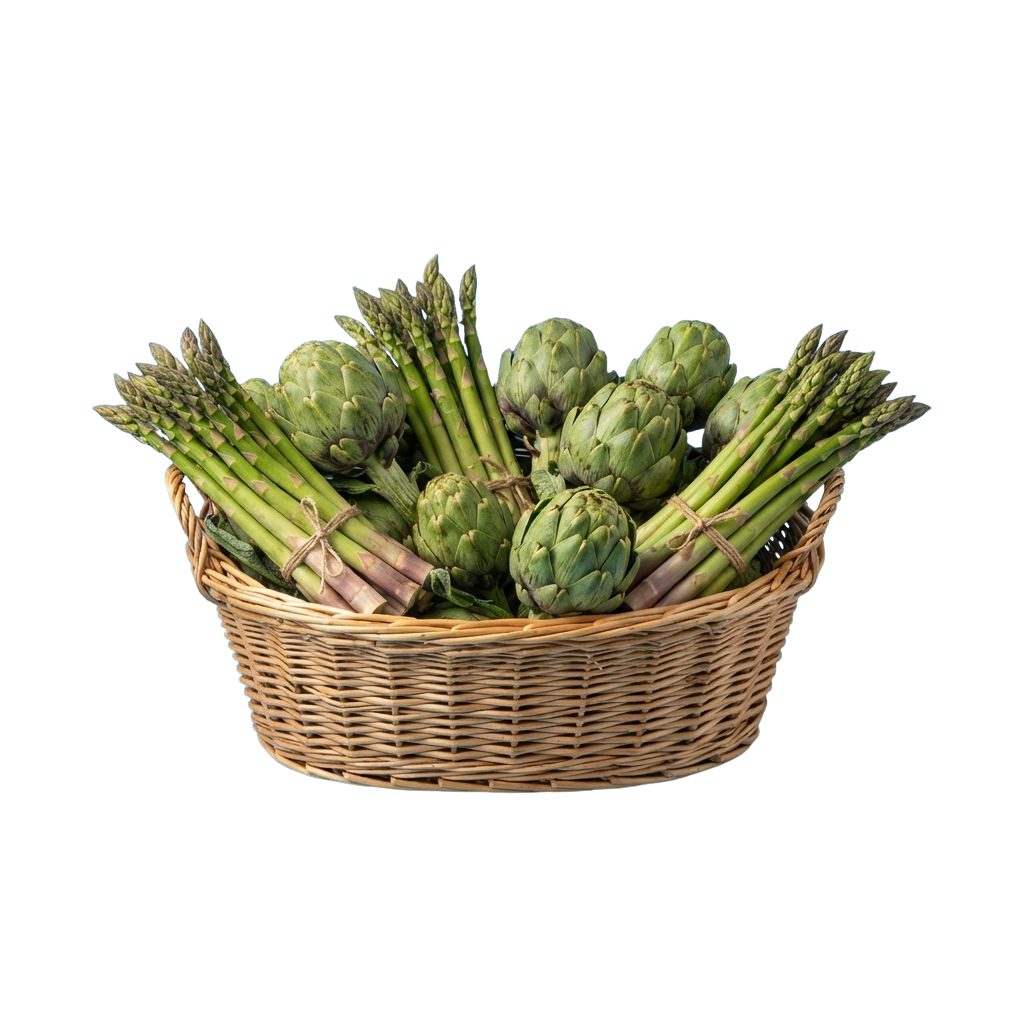A woven basket filled with green artichokes and asparagus on a dark background