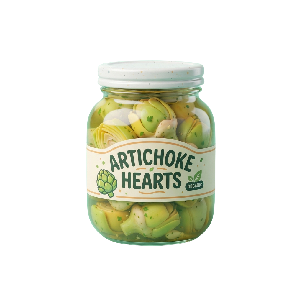 Glass jar filled with organic artichoke hearts in brine, labeled Artichoke Hearts Organic