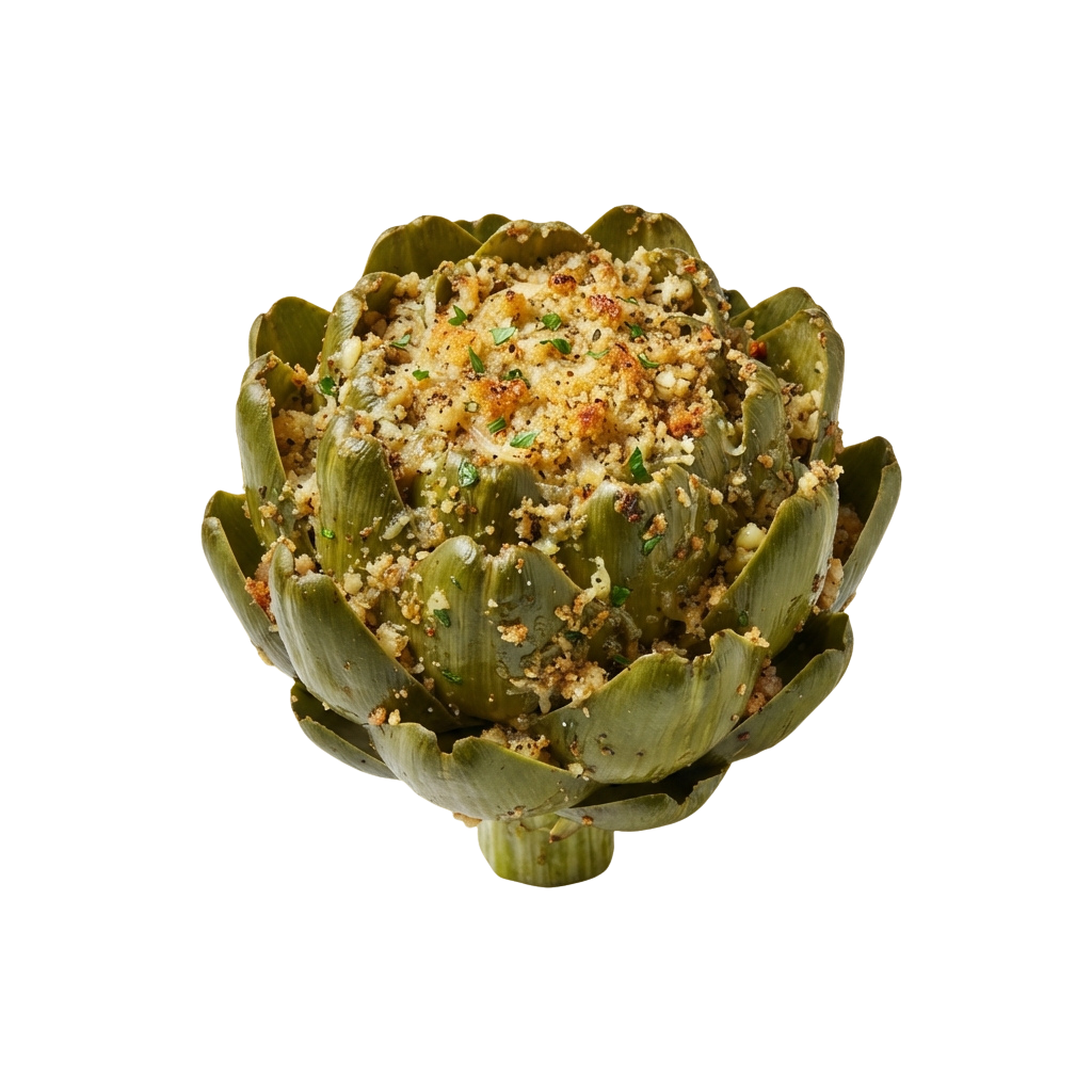 Whole roasted artichoke topped with golden breadcrumbs and herbs