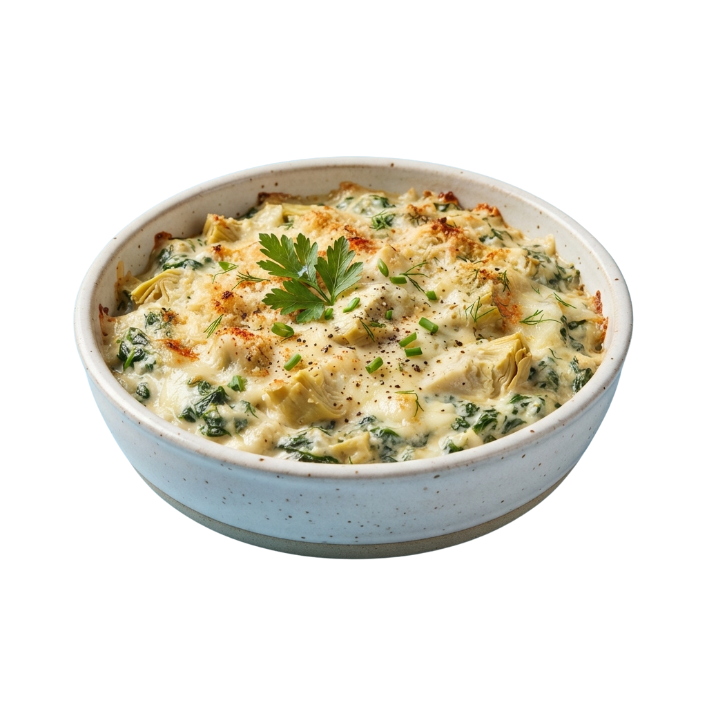A creamy casserole dish topped with herbs in a white speckled ceramic bowl