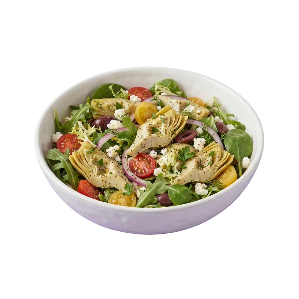 A white bowl filled with artichoke salad containing artichokes, cherry tomatoes, red onions, feta cheese, and greens