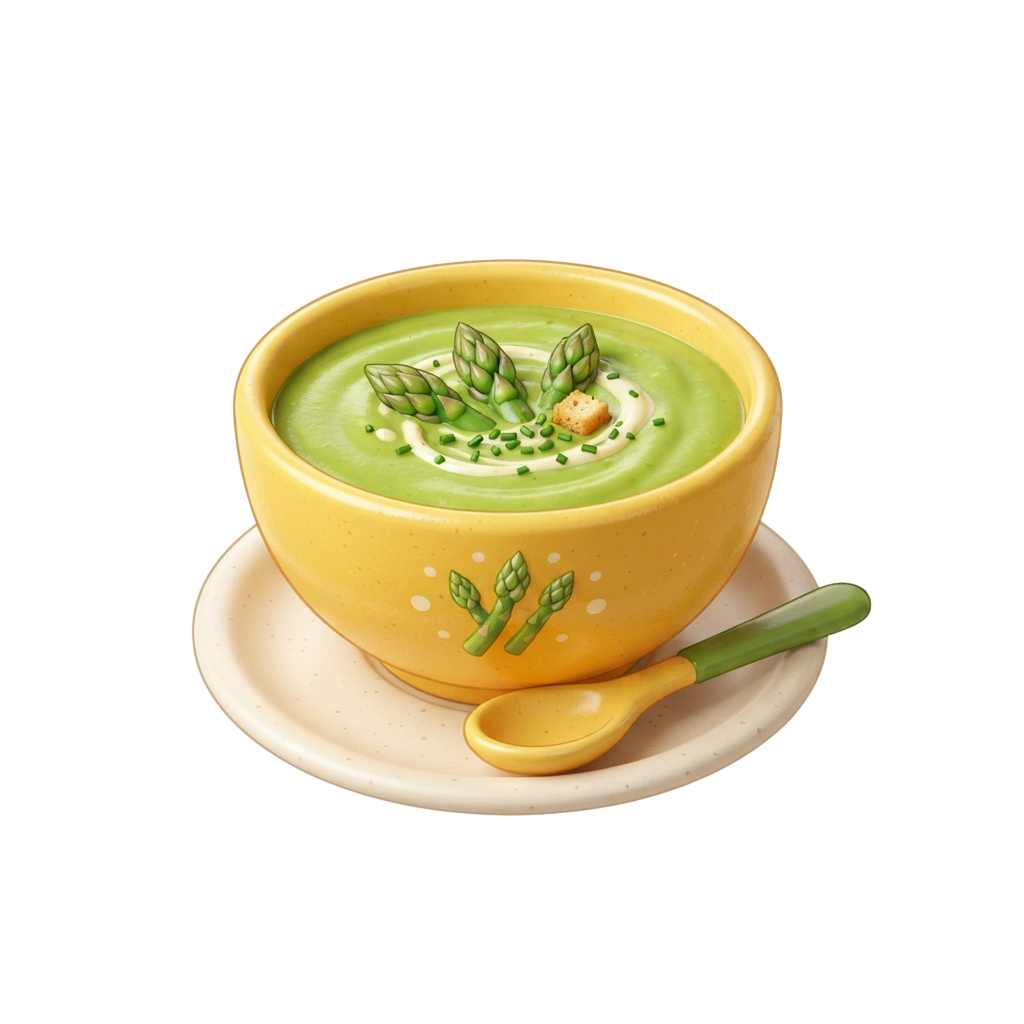 A bowl of creamy green asparagus soup garnished with asparagus spears and a dollop of cream, placed on a white plate with a matching spoon.