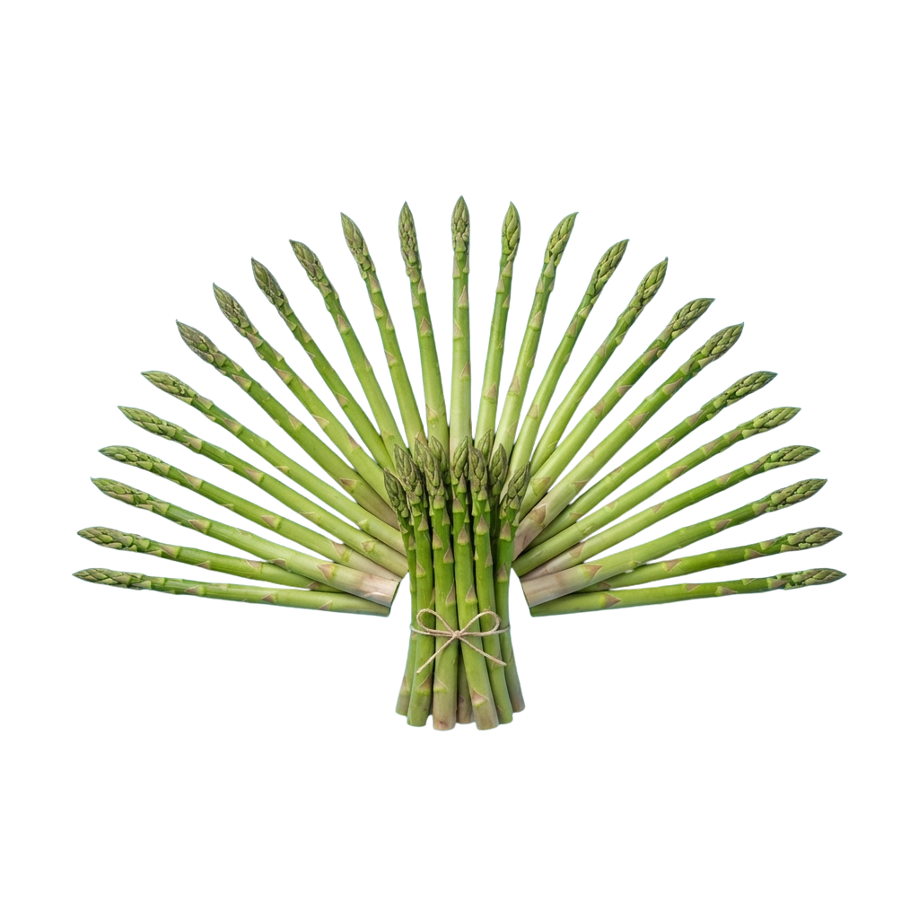 A fan-shaped bundle of fresh green asparagus spears tied with twine.