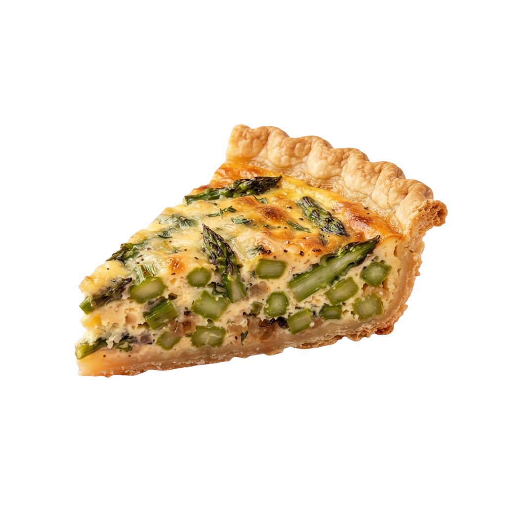 A slice of golden-brown quiche topped with spinach and cheese filling on a flaky crust