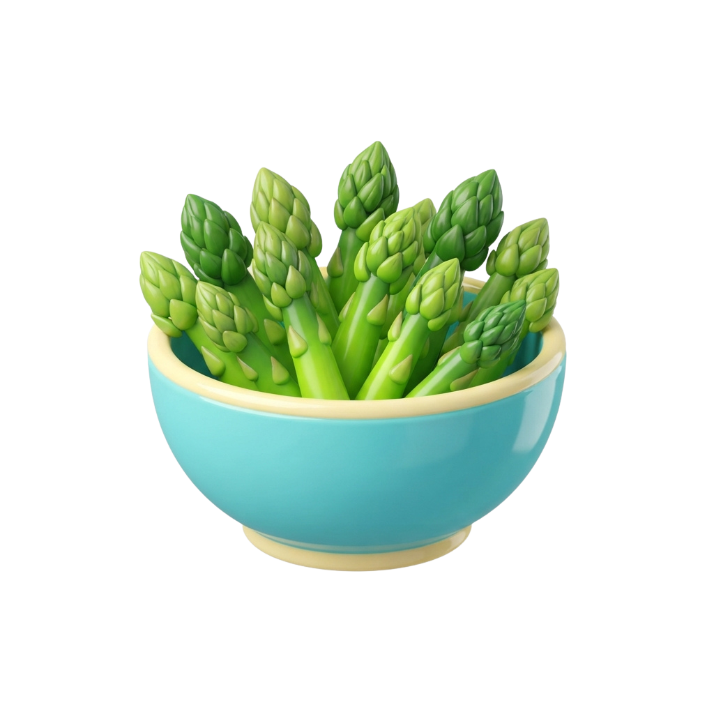 A blue ceramic bowl filled with fresh green asparagus spears