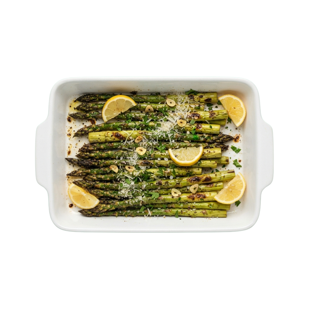 Roasted asparagus spears topped with grated cheese, lemon slices, and herbs in a baking dish